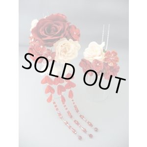 画像: 髪飾り 着物 成人式 振袖 袴 卒業式 結婚式 七五三 ちりめん つまみ細工 バラ かんざし レッド 赤