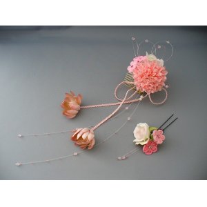 画像: つまみ細工・花髪飾り さがり付き　ピンク