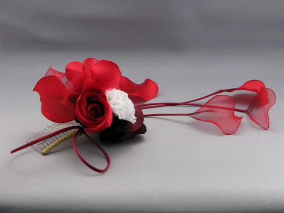 画像: バラ髪飾り　花びらさがり付き　レッド/赤&ホワイト/白