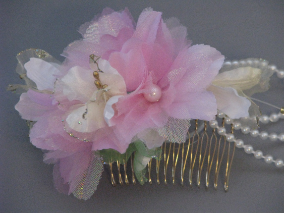 画像: [着物・成人式・袴・卒業式・結婚式・ウェディング]花髪飾り パールさがり付き ピンク&ホワイト/白