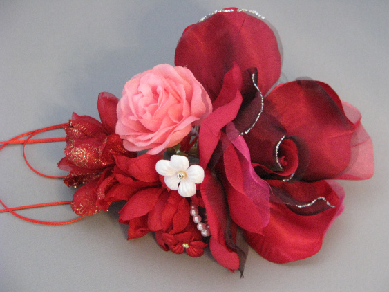 画像: ［着物・成人式・結婚式・ウェディング］花髪飾り リボンさがり付き レッド/赤&ピンク