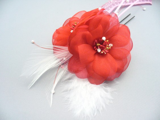 画像4: [着物・成人式・袴・卒業式・結婚式・ウェディング]花髪飾り 羽・レース・さがり付き　レッド/赤