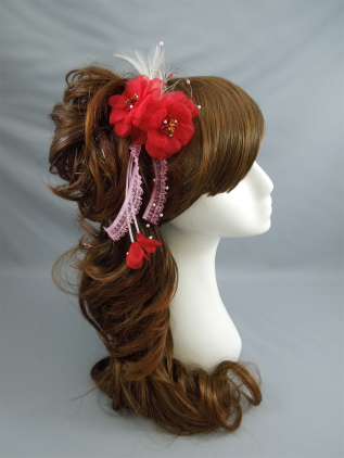 画像1: [着物・成人式・袴・卒業式・結婚式・ウェディング]花髪飾り 羽・レース・さがり付き　レッド/赤