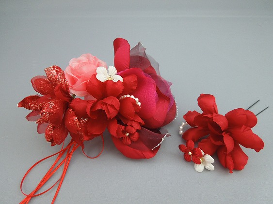 画像3: ［着物・成人式・結婚式・ウェディング］花髪飾り リボンさがり付き レッド/赤&ピンク