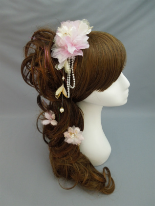 画像1: [着物・成人式・袴・卒業式・結婚式・ウェディング]花髪飾り パールさがり付き ピンク&ホワイト/白