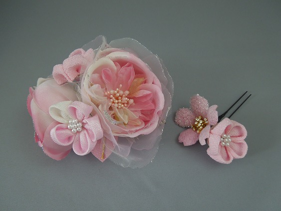 画像1: バラ・桜&つまみ細工・花髪飾り ピンク&ホワイト