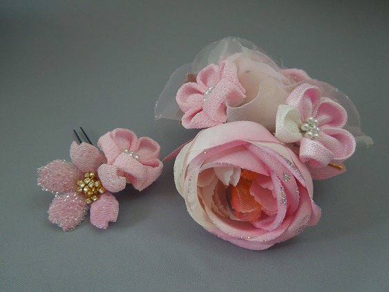 画像: バラ・桜&つまみ細工・花髪飾り ピンク&ホワイト