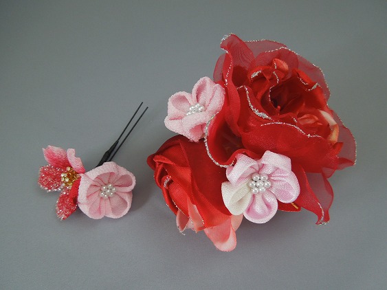 画像: バラ・桜&つまみ細工・花髪飾り レッド/赤&ピンク