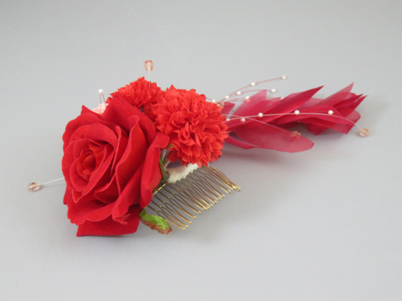 画像: [髪飾り 着物・成人式・袴・卒業式・結婚式用]バラ＆マム花髪飾り 花びらさがり付き レッド/赤