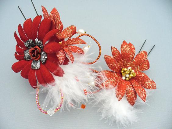 画像: [着物・成人式・袴・卒業式・結婚式・ウェディング・パーティー]花髪飾り 羽つき レッド/赤
