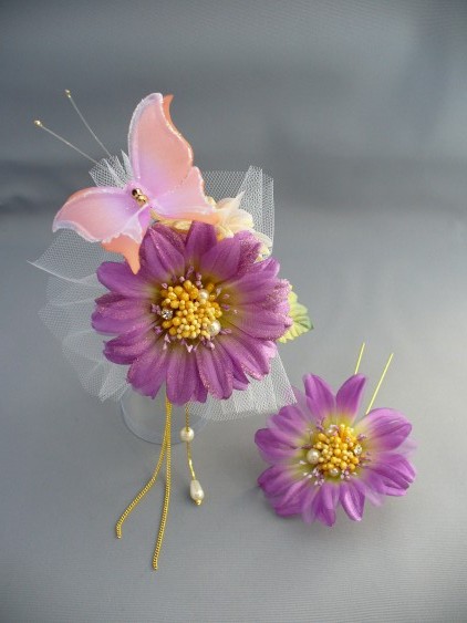 画像: [着物・成人式・袴・卒業式・結婚式・ウェディング]蝶々&花髪飾り　パールさがり付き　パープル/紫&ピンク