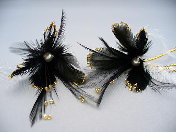 画像: [着物・成人式・袴・卒業式・結婚式・ウェディング・パーティー]羽髪飾り　パールさがり付き　ブラック/黒&ゴールド